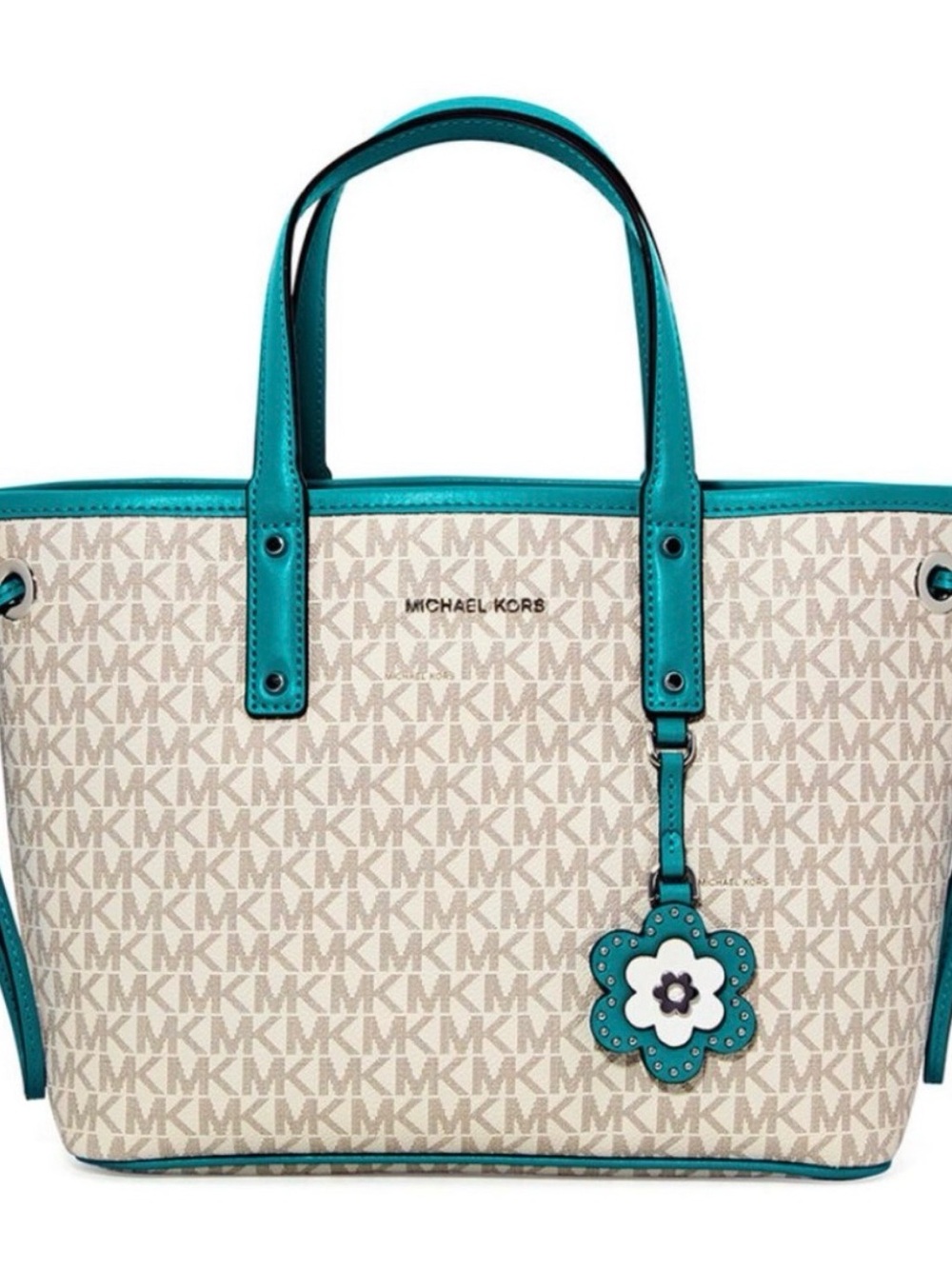 Michael Kors Beige Logo Tote with Turquoise Trim